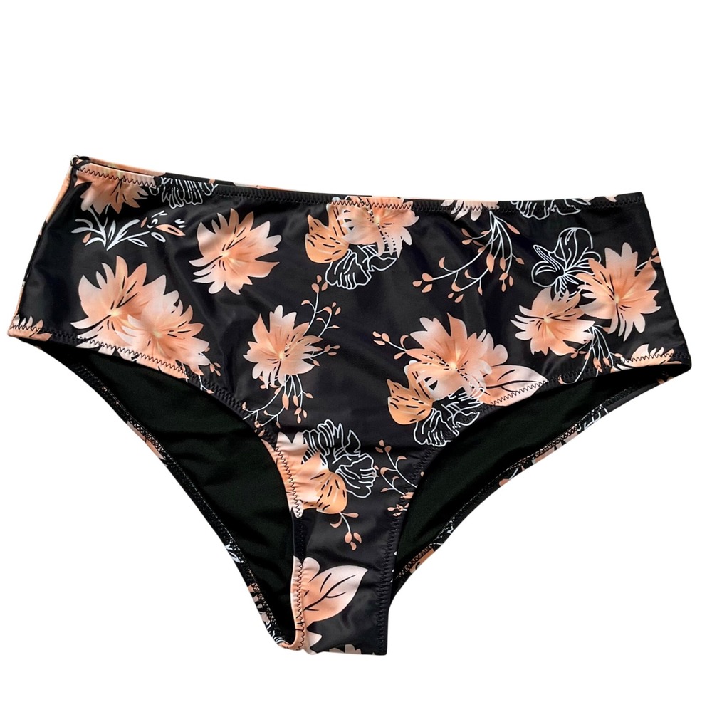 Beachsissi Women XL High Waisted Bikini Bottoms Black Peach Floral Tropical NWOT